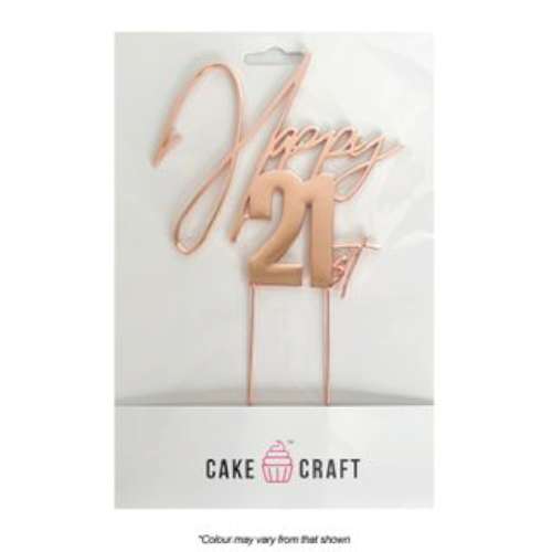 Happy 21st Metal Cake Topper - Rose Gold - Click Image to Close